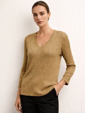 Ralph Lauren Silk Gold Metallic Ribbed Cable Knit Sweater Quiet Luxury Glam XL
